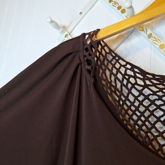 Cato Woman Size 22/24W Tunic Top Brown Crochet Back Neckline Relaxed‎ Stretch - Picture 6 of 11
